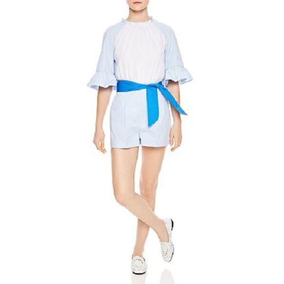 SANDRO Rosalyn colorblock pinstripe ruffle romper in blue sky Size 36 S 4 6 NEW - Picture 11 of 11